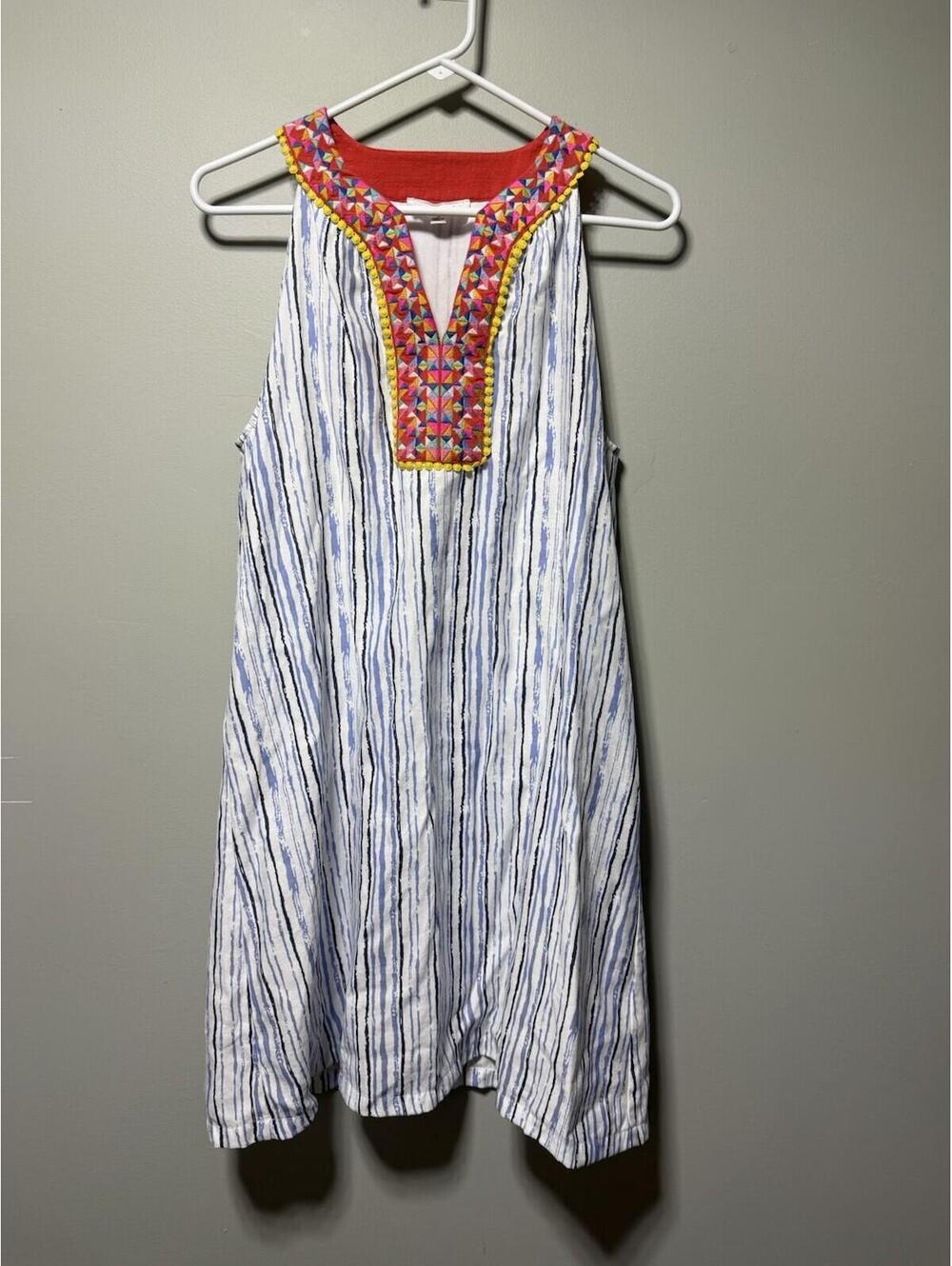 Anthropologie THML Embroidered Shift Dress Blue White Striped M Boho